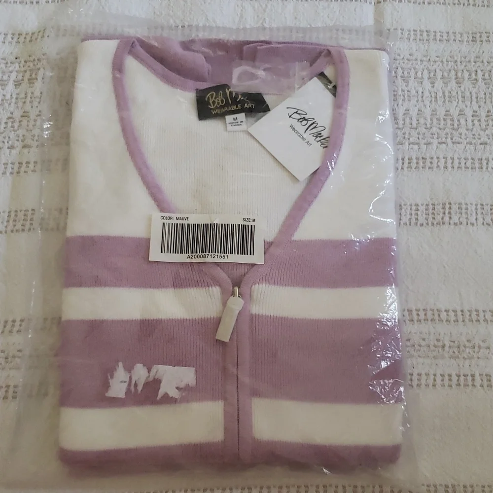 Bob Mackie wearable art deep v zip up sweater, purple, stripes women size medium